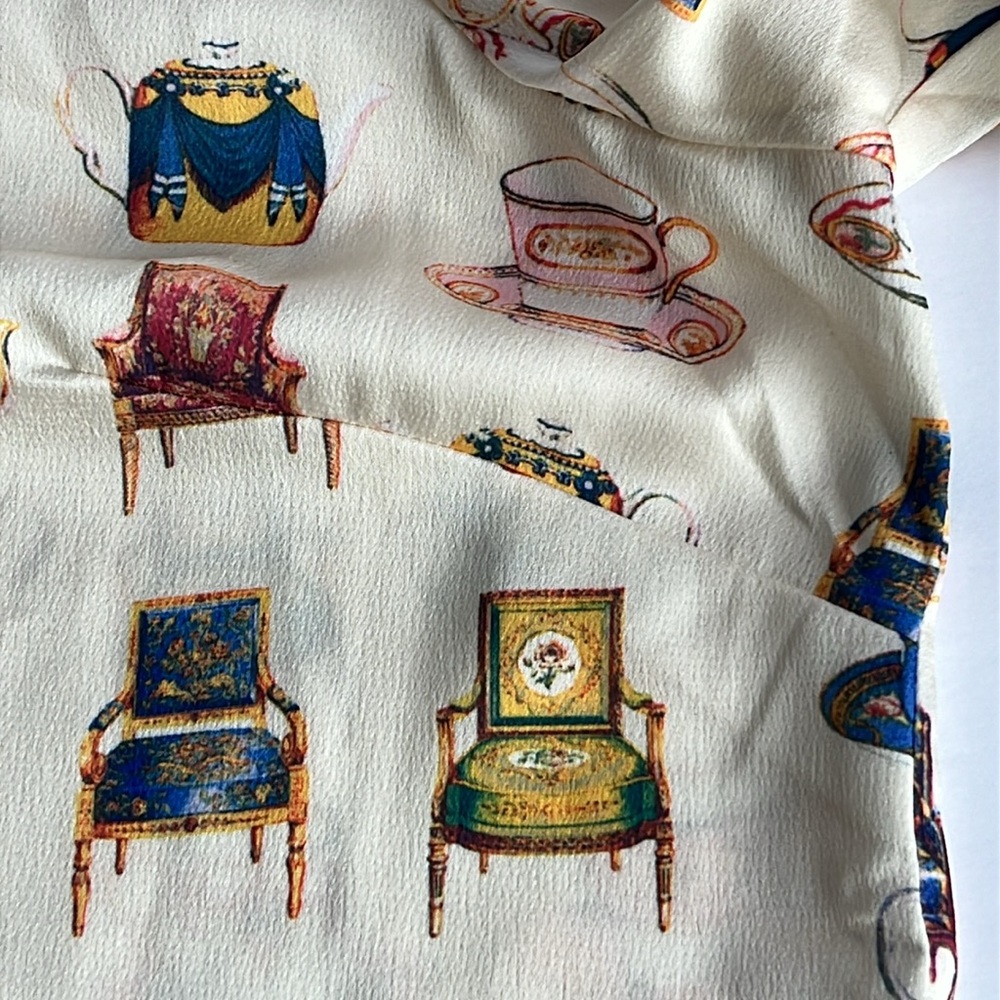 Talbots Bridgerton Print Blouse Size L Long Sleeves Teapots Cups - Picture 13 of 15